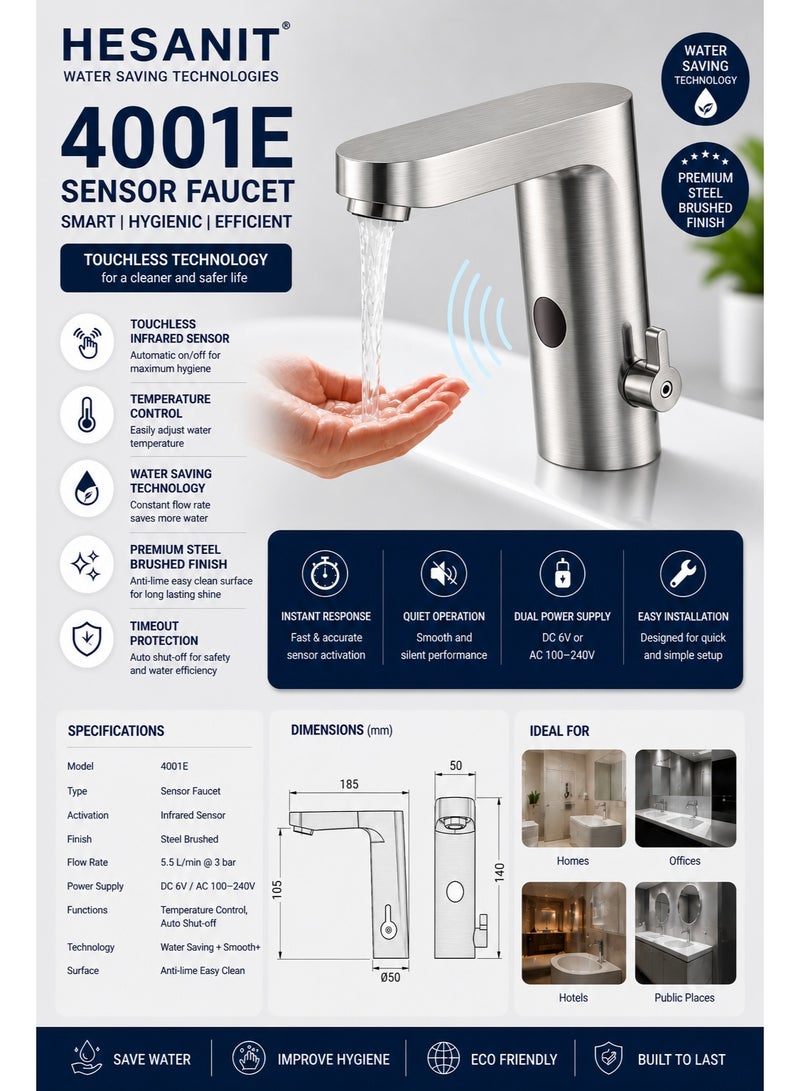 HESANIT 4001E Sensor Faucet for Washbasin, Touchless Infrared Tap, Temperature Control, Water Saving, Premium Steel Brushed Finish - Image 4