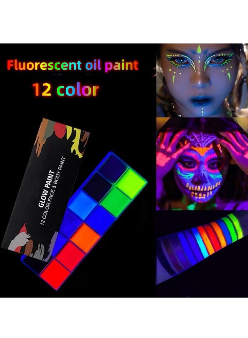 12 Colors Glow in The Dark Body Face Paint , Black Light Neon Luminous Body Paint Makeup Party Supplies, Professional Glow Face Painting Kit for Kids & Adults - Image 1