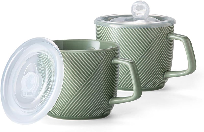 Adewnest Ceramic Soup Bowls with Lid  Handle 32 oz Microwave Safe Food Containers for Ramen Noodles Cereal Leftovers  Extra Large Mugs for Breakfast Lunch Picnic Camping  Green Set of 2 - Image 1