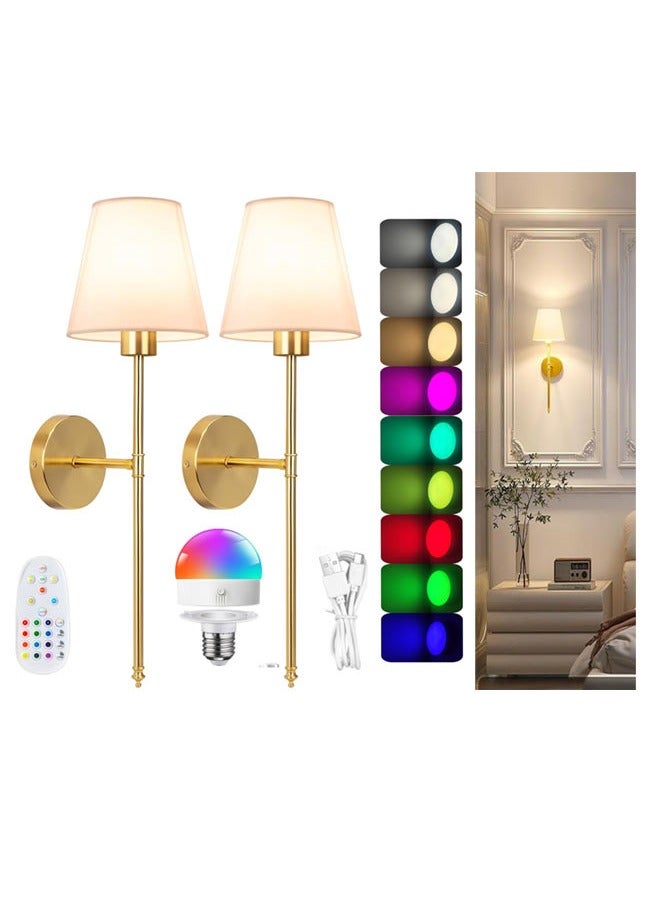 2 Pcs Slim Wall Sconces, Premium Gold Wall Sconce Set with Dimmable LED Bulbs & 15 Color Temps, Wireless, Battery-Powered, Timer Function, for Mirror,Hallway, Kitchen, Bedroom, Living Room, Bathroom - Image 1