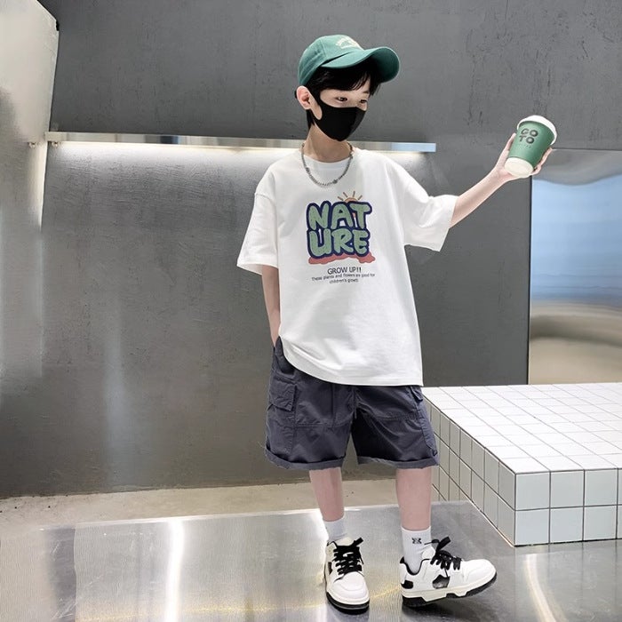 Summer Pure Cotton Short-Sleeved T-Shirt For Middle And Large Children 2026 New Style Kidsren'S Boys' Summer Clothing Handsome Half-Sleeved T-Shirt Top - Image 1