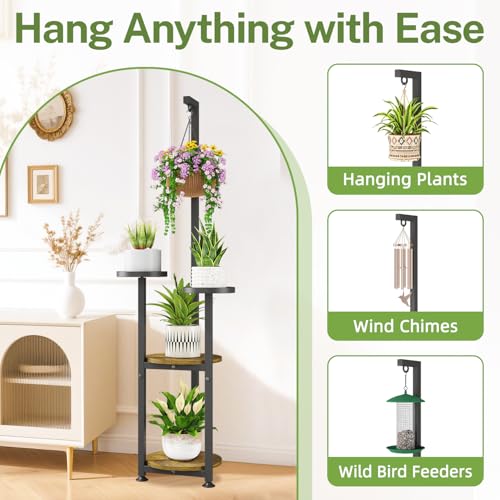 iDavosic.ly 4 Tier Hanging Plant Stand Indoor, Tall Vertical Corner Metal Flower Heavy Duty Pot Holder Shelf for Patio Porch Living Room, Modern Black & Rustic Brown - Round - Image 3