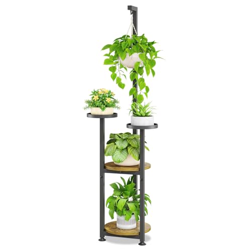 iDavosic.ly 4 Tier Hanging Plant Stand Indoor, Tall Vertical Corner Metal Flower Heavy Duty Pot Holder Shelf for Patio Porch Living Room, Modern Black & Rustic Brown - Round - Image 1