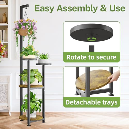 iDavosic.ly 4 Tier Hanging Plant Stand Indoor, Tall Vertical Corner Metal Flower Heavy Duty Pot Holder Shelf for Patio Porch Living Room, Modern Black & Rustic Brown - Round - Image 5