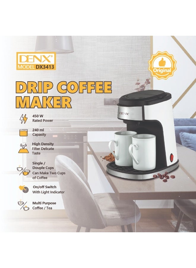 Denx Drip Espresso Coffee Maker with Two Cups, 450W Power | DX3413 - Image 3