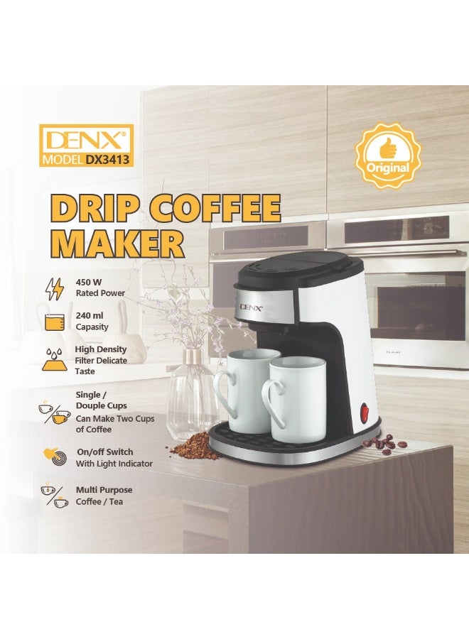 Denx Drip Espresso Coffee Maker with Two Cups, 450W Power | DX3413 - Image 4