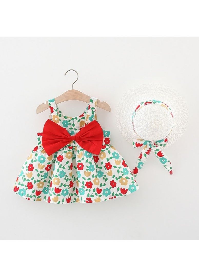 KUYING New Little Fragmented Flower Big Bow Straw Hat Skirt Girl's Strap Dress Gift Hat 