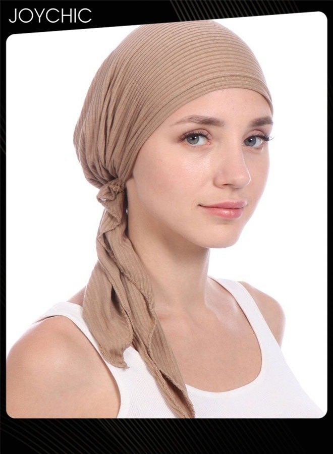 Joychic Women's Solid Color Wrinkle Turban Cotton Chemo Hat Casual Windproof Head Scarves Slip-On Pre-Tied Hijab  for Ladies All Seasons  Beige  - Image 1