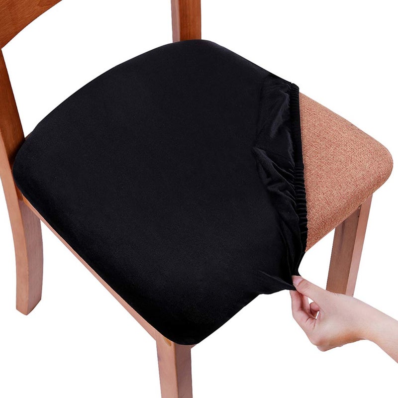 Smiry Velvet Seat Covers for Dining Room Chair Set of 4 Stretch Fit Removable Washable Chair Seat Cushion Protector Slipcovers with Ties Black