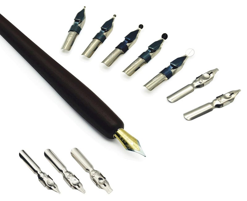 Plotube Wooden Pen Calligraphy Set - Dip Pen Gift Writing Case - Black Ink Bottle & Golden Holder & 11 Nibs and Beginner's Manual - Image 4