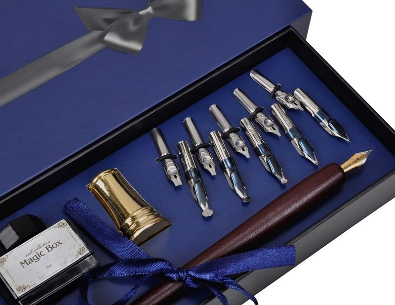 Plotube Wooden Pen Calligraphy Set - Dip Pen Gift Writing Case - Black Ink Bottle & Golden Holder & 11 Nibs and Beginner's Manual - Image 2