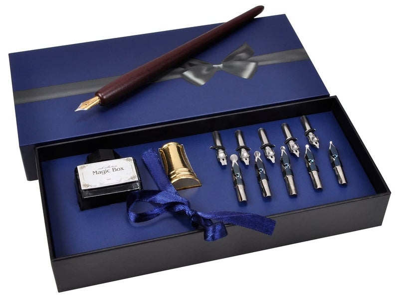 Plotube Wooden Pen Calligraphy Set - Dip Pen Gift Writing Case - Black Ink Bottle & Golden Holder & 11 Nibs and Beginner's Manual - Image 1
