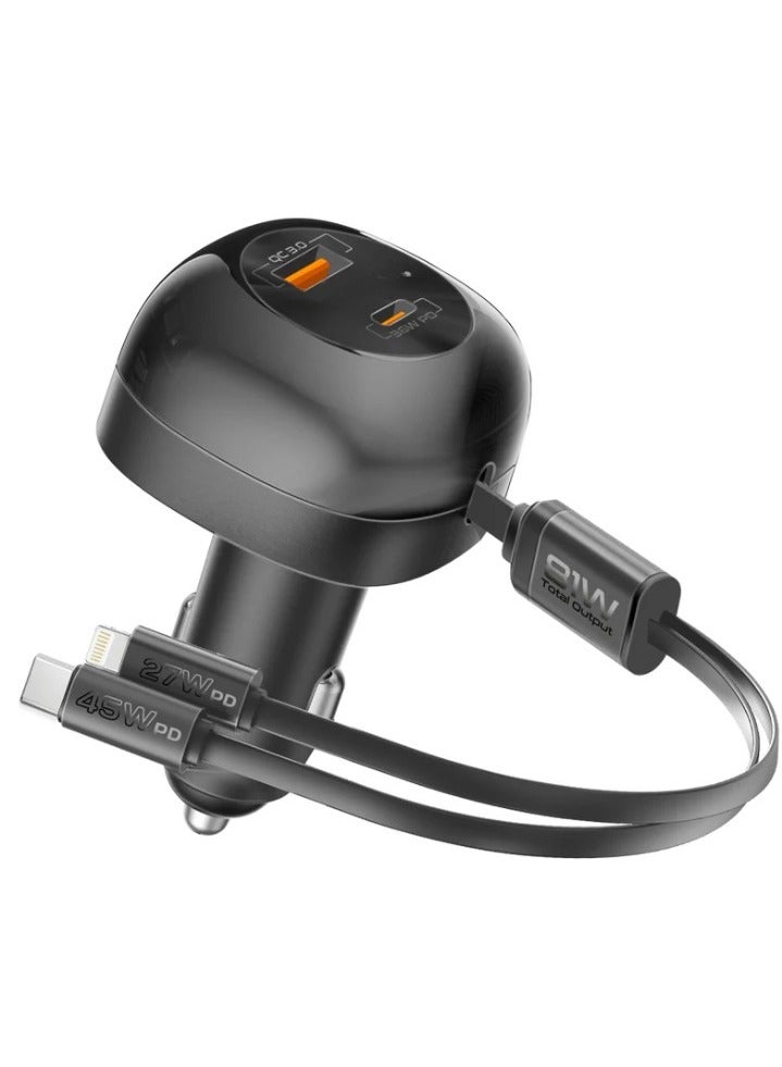 REBENUO 81W Multi-Port Car Charger with Retractable USB-C & Lightning Cables - Image 1