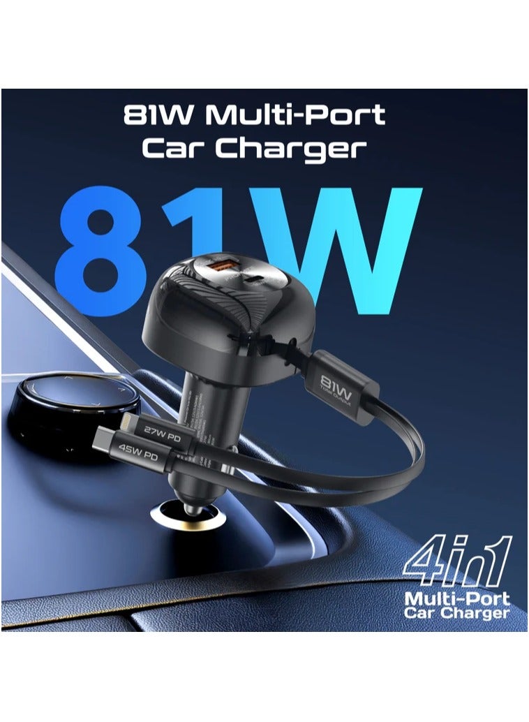 REBENUO 81W Multi-Port Car Charger with Retractable USB-C & Lightning Cables - Image 2