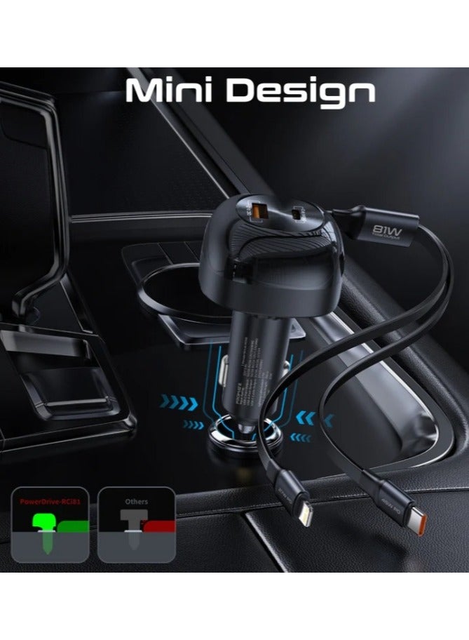 REBENUO 81W Multi-Port Car Charger with Retractable USB-C & Lightning Cables - Image 5