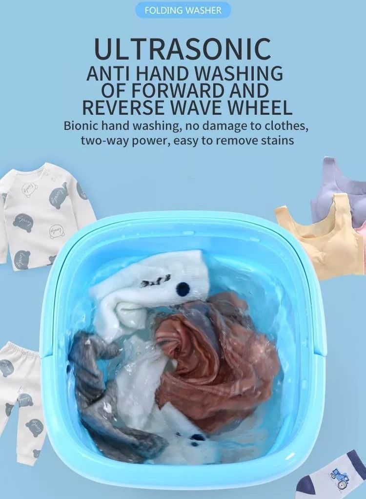Portable Mini Folding Clothes Washing Machine Blue  - Image 3