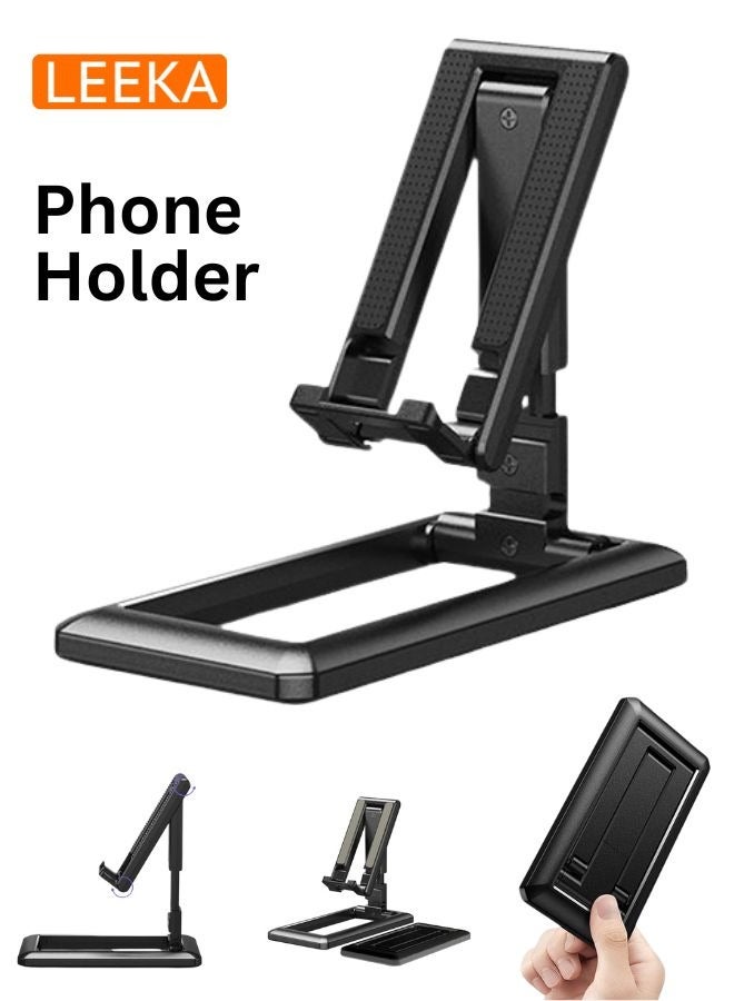 LEEKA Adjustable Foldable Desk Phone & Tablet Stand Universal Holder for iPad, iPhone, Samsung, Mobile & PC Sturdy & Portable Desktop Bracket (Black) - Image 1