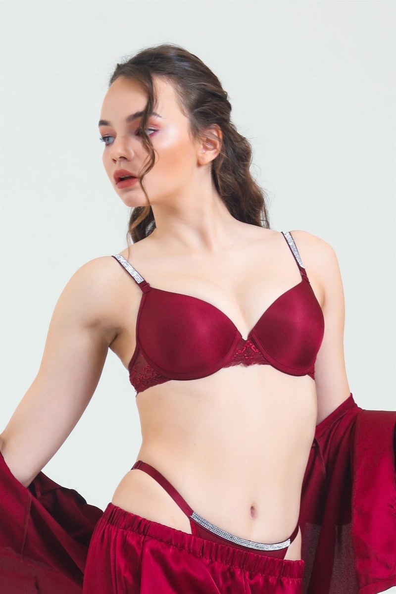 Magic Form 6389 Women's Burgundy Strap Stone Lace Sponge Bra  - Image 1