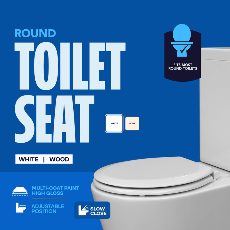 HIGHCRAFT Premium Round Toilet Seat with Slow-Close Design & Adjustable Hinges - Molded Wood Toilet Seat - Fits Standard Round Toilets - Round Seat in White - Image 4