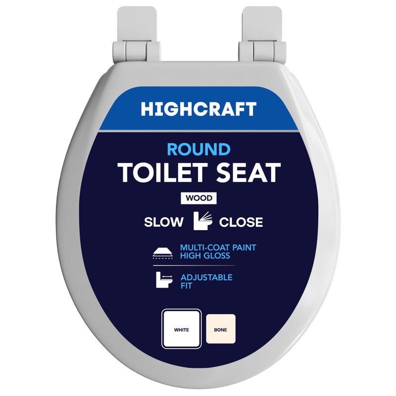 HIGHCRAFT Premium Round Toilet Seat with Slow-Close Design & Adjustable Hinges - Molded Wood Toilet Seat - Fits Standard Round Toilets - Round Seat in White - Image 1
