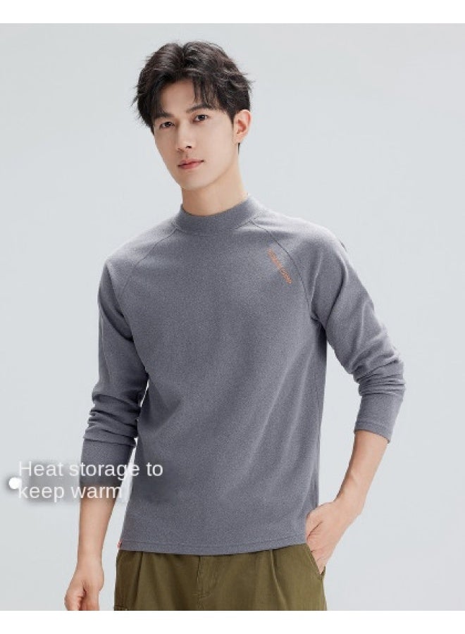 Semi-high Collar Long-sleeved T-shirt For Men, Autumn Style, Raglan Sleeve Design, Warm Base Layer, Embroidered Pullover Top For Layering - Image 1