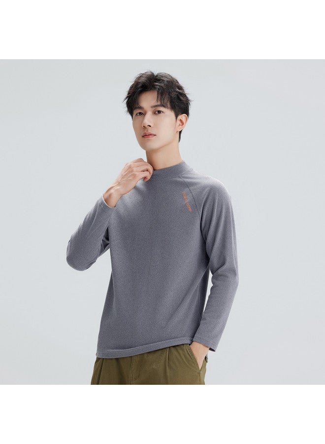 Semi-high Collar Long-sleeved T-shirt For Men, Autumn Style, Raglan Sleeve Design, Warm Base Layer, Embroidered Pullover Top For Layering - Image 4