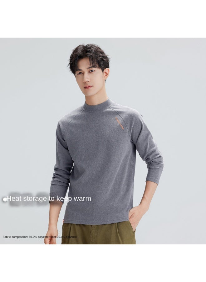 Semi-high Collar Long-sleeved T-shirt For Men, Autumn Style, Raglan Sleeve Design, Warm Base Layer, Embroidered Pullover Top For Layering - Image 2