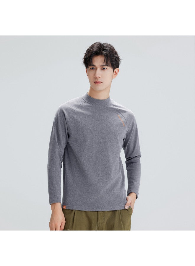 Semi-high Collar Long-sleeved T-shirt For Men, Autumn Style, Raglan Sleeve Design, Warm Base Layer, Embroidered Pullover Top For Layering - Image 5