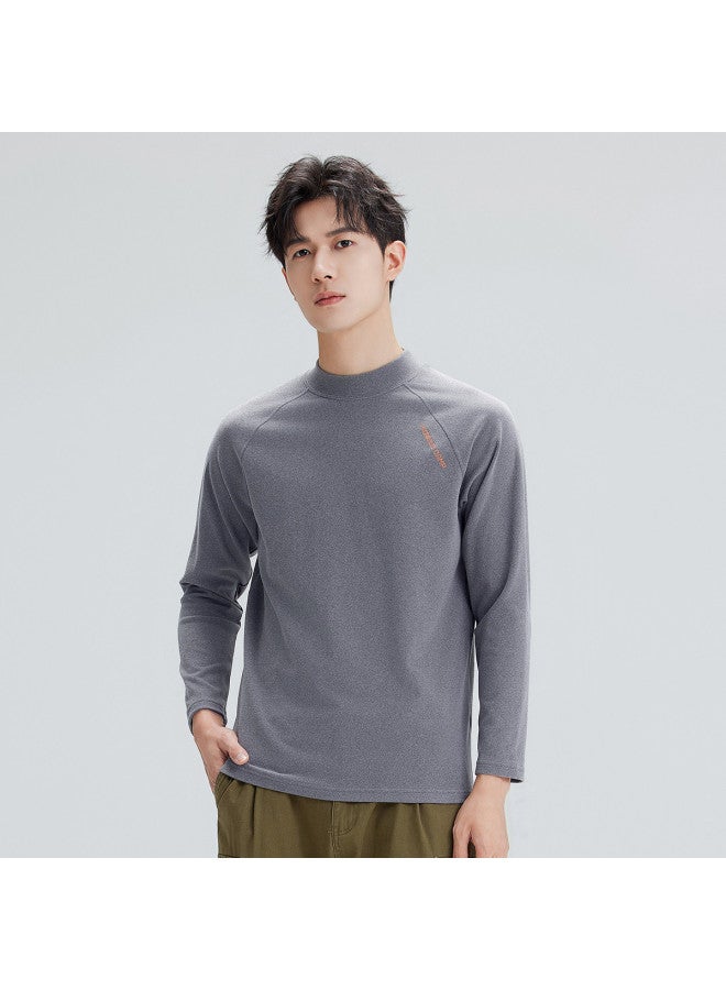 Semi-high Collar Long-sleeved T-shirt For Men, Autumn Style, Raglan Sleeve Design, Warm Base Layer, Embroidered Pullover Top For Layering - Image 3