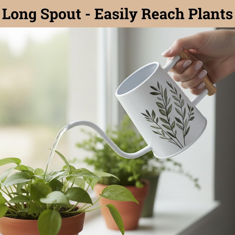 HB Design Co. 35 oz Metal Small Indoor Watering Can with Long Spout & Real Wood Handle for House Plants, Succulents, Cacti & Seedlings - White Long Spout Watering Can Indoor Plants - Stylish, Gentle Flow, No Spills - Image 3