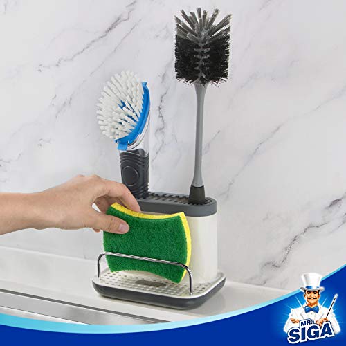 Mr Siga MR.SIGA Sink Caddy, Kitchen Sink Organizer Sponge Brush Holder with Drip Tray, White & Gray - Image 3