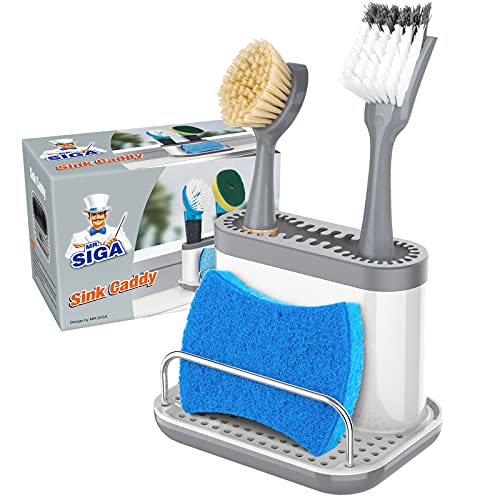 Mr Siga MR.SIGA Sink Caddy, Kitchen Sink Organizer Sponge Brush Holder with Drip Tray, White & Gray - Image 1