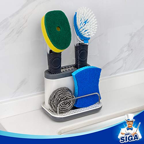 Mr Siga MR.SIGA Sink Caddy, Kitchen Sink Organizer Sponge Brush Holder with Drip Tray, White & Gray - Image 4