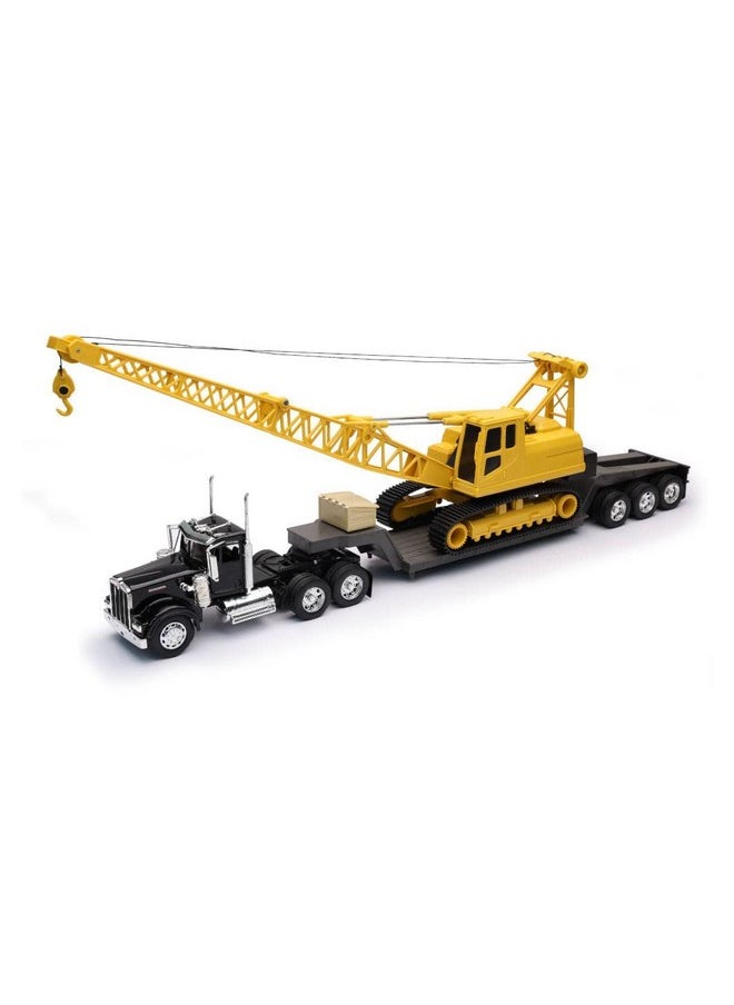 NewRay New Ray Kenworth W900 Truck with Lowboy Trailer Black and Crane Yellow Long Haul Trucker Series 1/32 Diecast Model  - Image 2