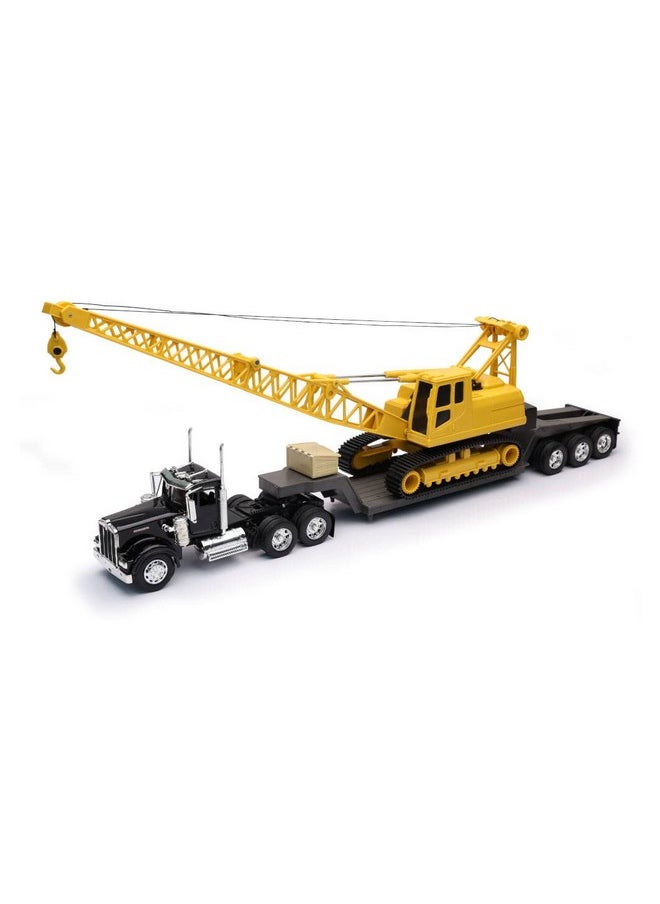 NewRay New Ray Kenworth W900 Truck with Lowboy Trailer Black and Crane Yellow Long Haul Trucker Series 1/32 Diecast Model  - Image 1