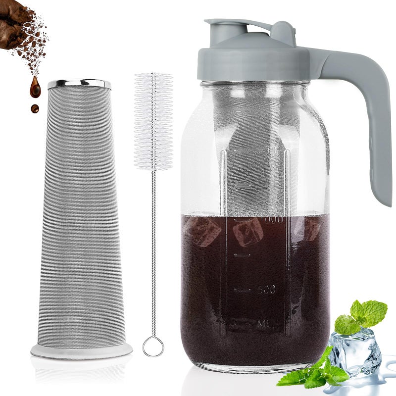 Cupluw Cold Brew Coffee Maker Pitcher,64 Oz Heavy Duty Glass Mason Jar Pitcher with V-shaped Pour Spout Handle Lid,Stainless Steel Filter for Iced Coffee,Iced tea,Fruit Drinks,lemonade - Gray - Image 1