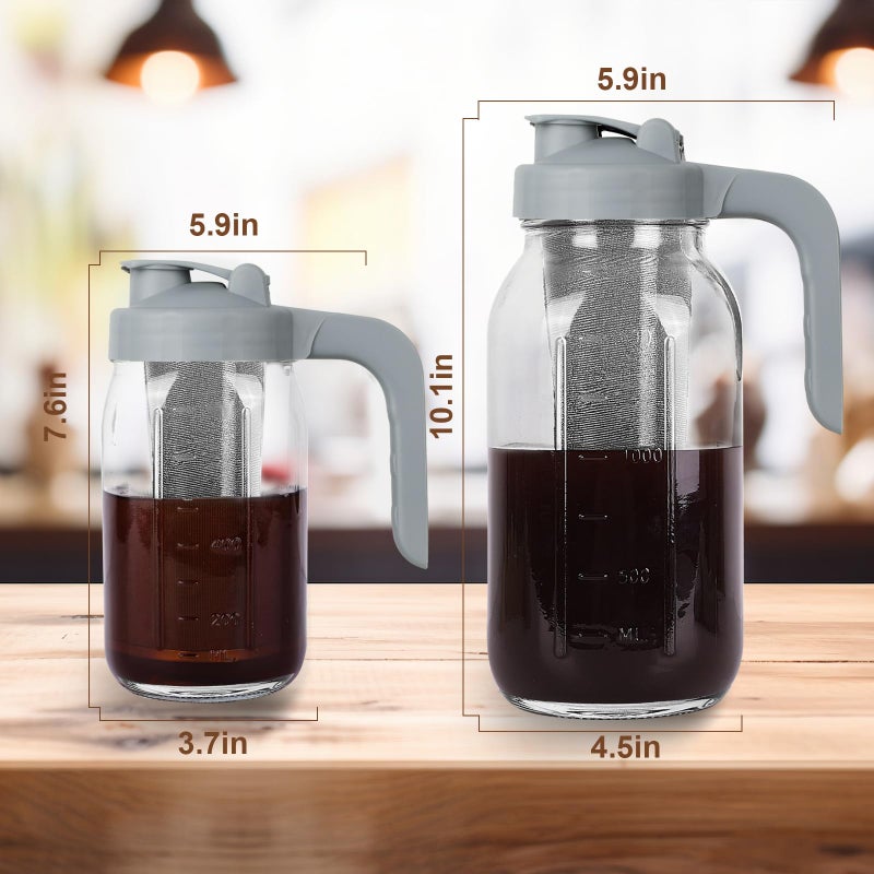 Cupluw Cold Brew Coffee Maker Pitcher,64 Oz Heavy Duty Glass Mason Jar Pitcher with V-shaped Pour Spout Handle Lid,Stainless Steel Filter for Iced Coffee,Iced tea,Fruit Drinks,lemonade - Gray - Image 5