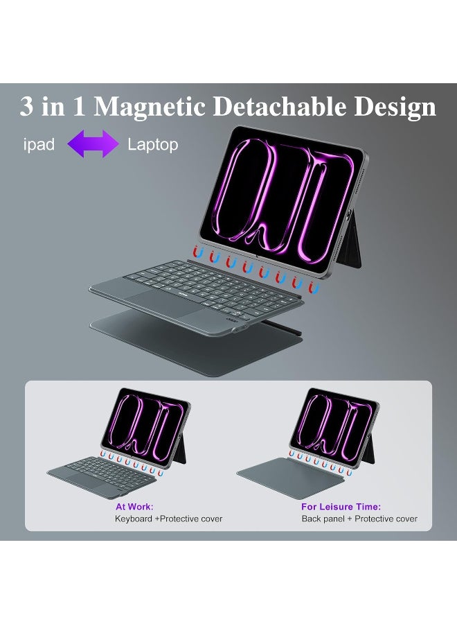 iPad Pro 11 inch Keyboard Case M4 2024/2025 Magnetic Detachable 3 in 1 Case Bluetooth Case Keyboard Adjustable Stand 7 Colors Backlit Keys with Touchpad (Grey, iPad Pro 11"(M4 2024/2025) - Image 3