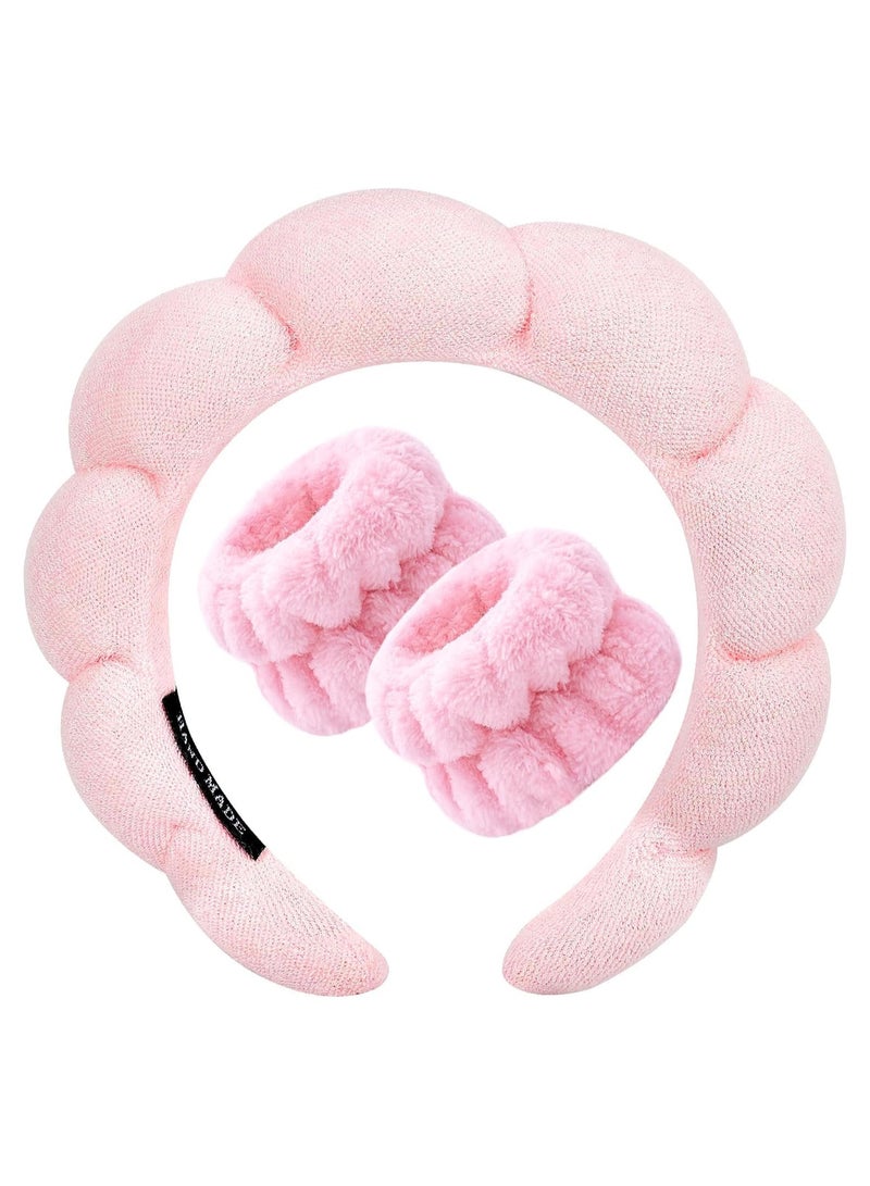 Spa Headband for Washing Face Wristband Sponge Makeup Skincare Headband Terry Cloth Bubble Soft Get Ready Hairband for Women Girl Puffy Padded Headwear Non Slip Thick Hair Accessory(Pink) - Image 1