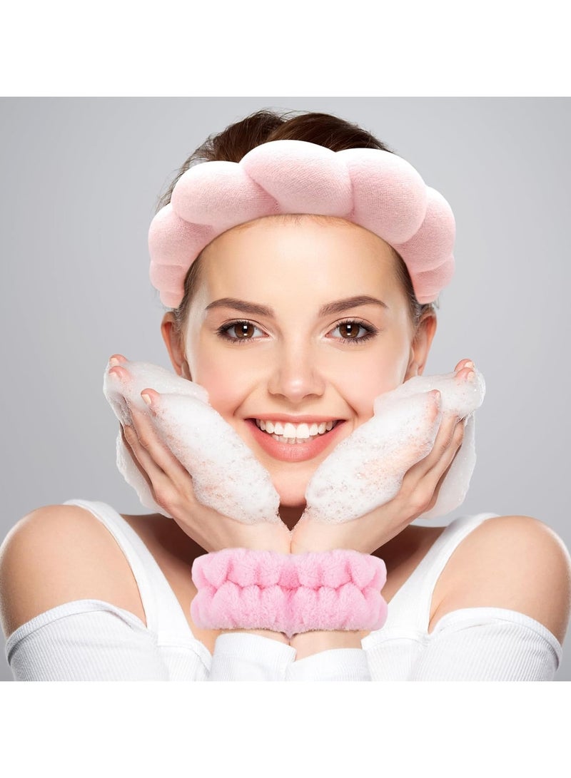 Spa Headband for Washing Face Wristband Sponge Makeup Skincare Headband Terry Cloth Bubble Soft Get Ready Hairband for Women Girl Puffy Padded Headwear Non Slip Thick Hair Accessory(Pink) - Image 2