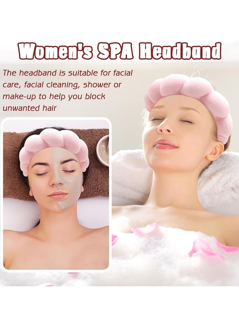 Spa Headband for Washing Face Wristband Sponge Makeup Skincare Headband Terry Cloth Bubble Soft Get Ready Hairband for Women Girl Puffy Padded Headwear Non Slip Thick Hair Accessory(Pink) - Image 3