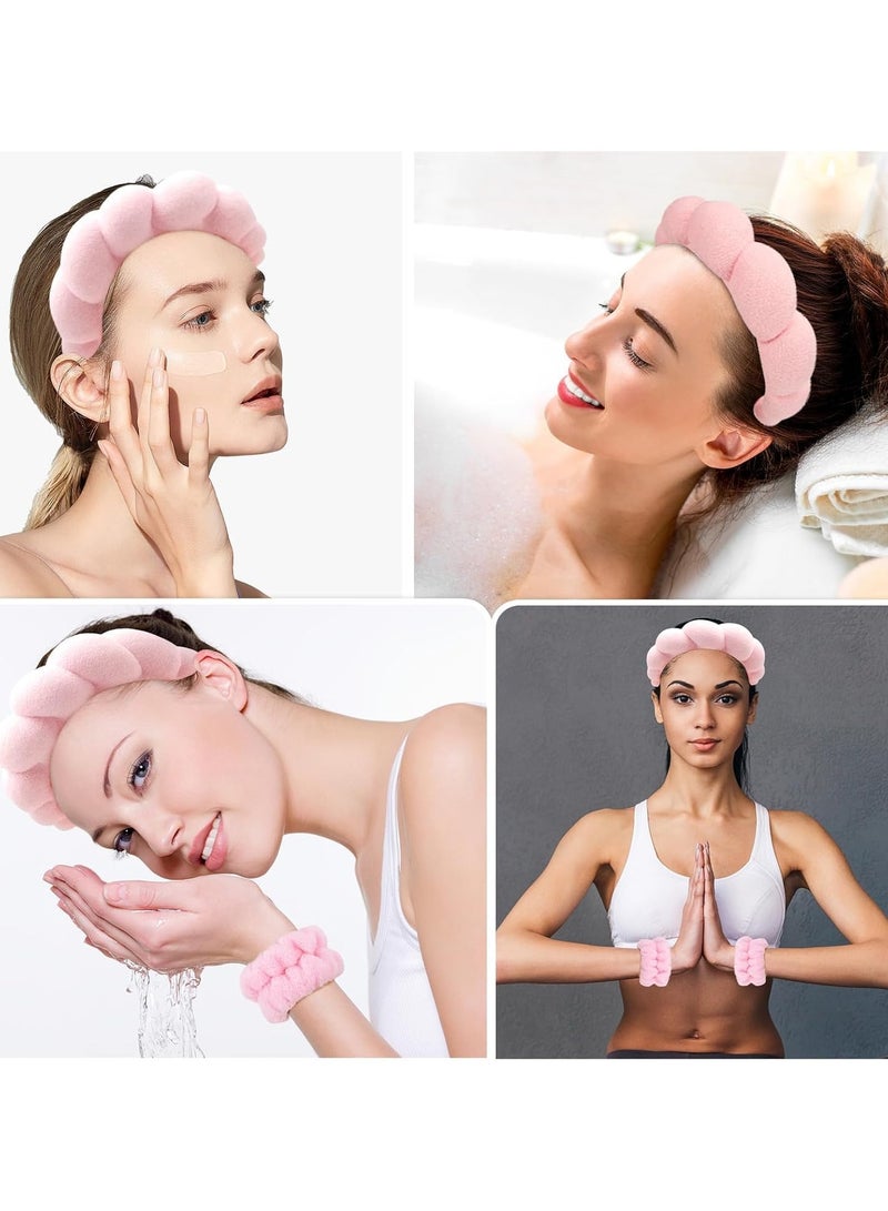 Spa Headband for Washing Face Wristband Sponge Makeup Skincare Headband Terry Cloth Bubble Soft Get Ready Hairband for Women Girl Puffy Padded Headwear Non Slip Thick Hair Accessory(Pink) - Image 4