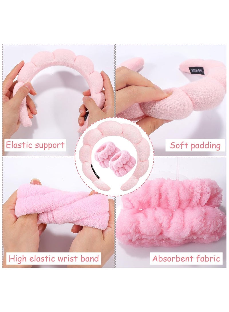 Spa Headband for Washing Face Wristband Sponge Makeup Skincare Headband Terry Cloth Bubble Soft Get Ready Hairband for Women Girl Puffy Padded Headwear Non Slip Thick Hair Accessory(Pink) - Image 5