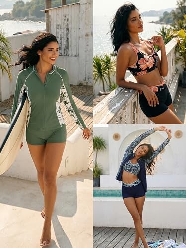 Daci Blue Floral Women 3 Piece Rash Guard Long Sleeve Zip Up Swim Shirt with Sports Bra and Shorts UPF 50 Modest Swimuits 2026 M - Image 3
