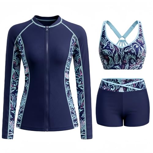 Daci Blue Floral Women 3 Piece Rash Guard Long Sleeve Zip Up Swim Shirt with Sports Bra and Shorts UPF 50 Modest Swimuits 2026 M - Image 1