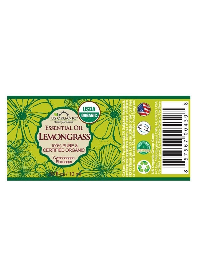 US Organic - 100% Pure Lemongrass Essential Oil, USDA Certified Organic, Extracted by Steam Distillation Method, for Hair, Nail Polish Remover, Bees Attraction, and More. 10 ml - Image 1