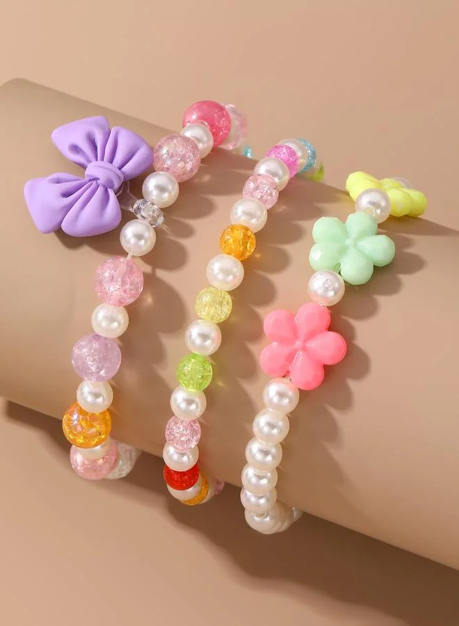 Pack of 3 Girls Multi-Color Beaded Bracelets with Bow and Flower Charms