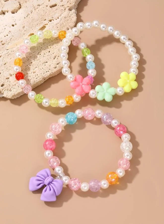 Take Two  Pack of 3 Girls Multi-Color Beaded Bracelets with Bow and Flower Charms for Women | Best Price UAE