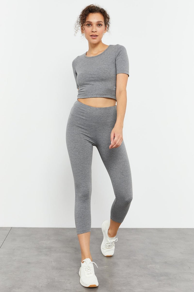 Tommy Life Gray Melange Women's High Waist Capri-Crop T-Shirt Slim Fit Leggings Set - 95285  - Image 1
