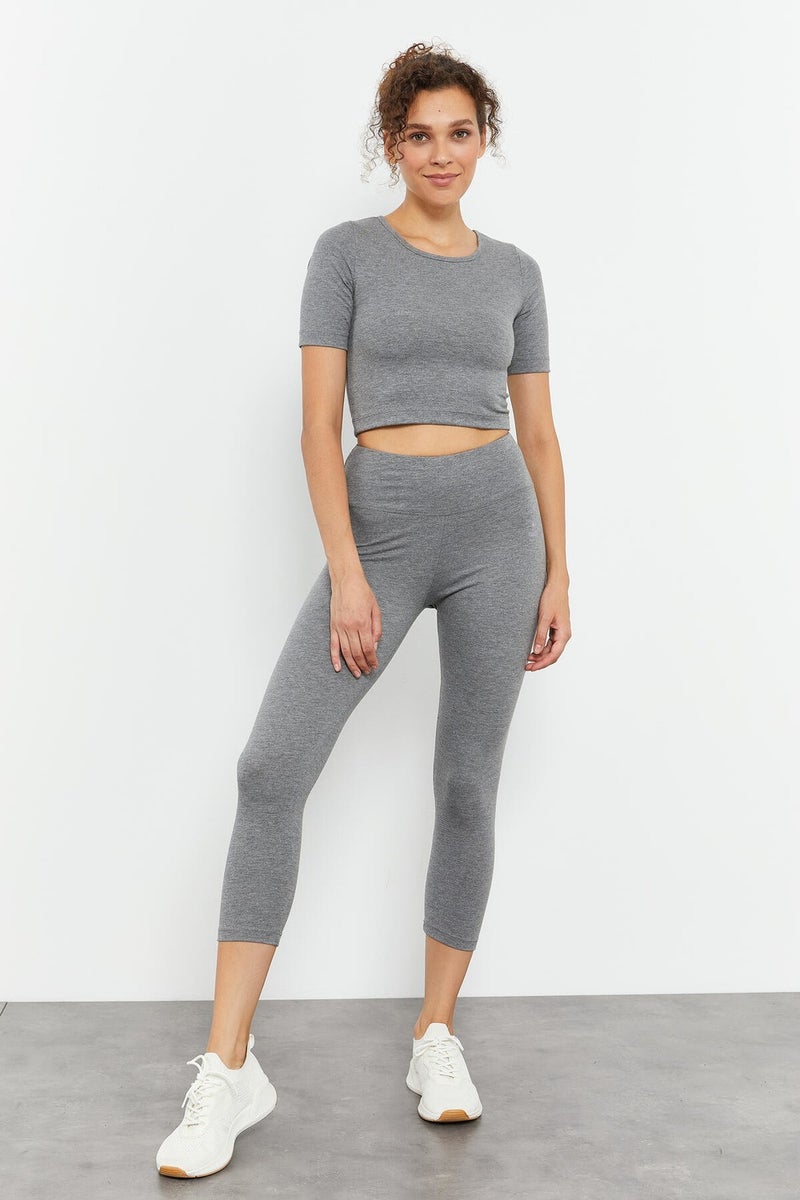 Tommy Life Gray Melange Women's High Waist Capri-Crop T-Shirt Slim Fit Leggings Set - 95285  - Image 4